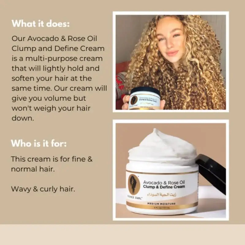 Woman with curly hair holding Avocado & Rose Oil Clump & Define Cream for wavy and curly hair care
