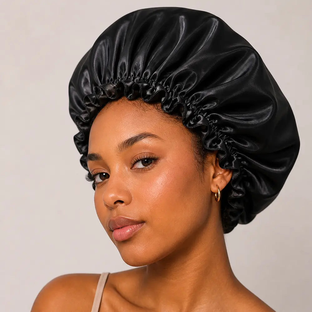 BUNLUV Oversized Satin Sleep Bonnet Black