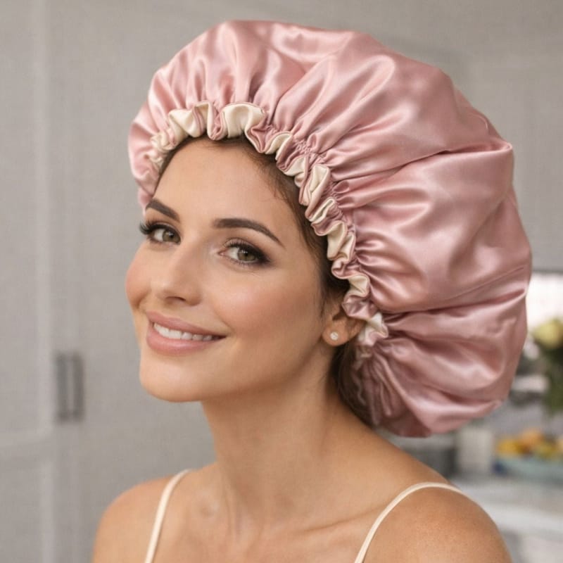 BUNLUV Oversized Satin Sleep Bonnet (Ivory & Rose Gold)