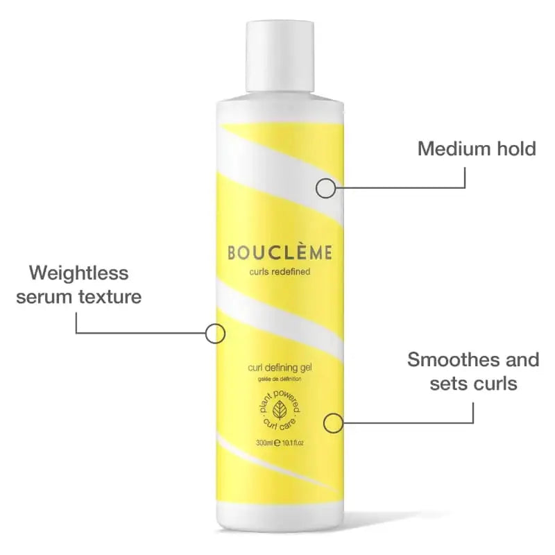 Bouclème curl defining gel with medium hold, weightless serum texture, smooths and sets curls