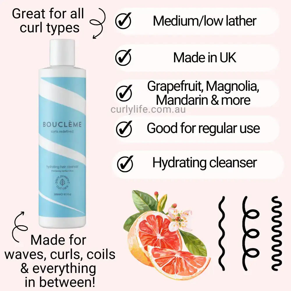Bouclème hydrating hair cleanser for waves, curls, coils — grapefruit & magnolia, low-lather, UK-made