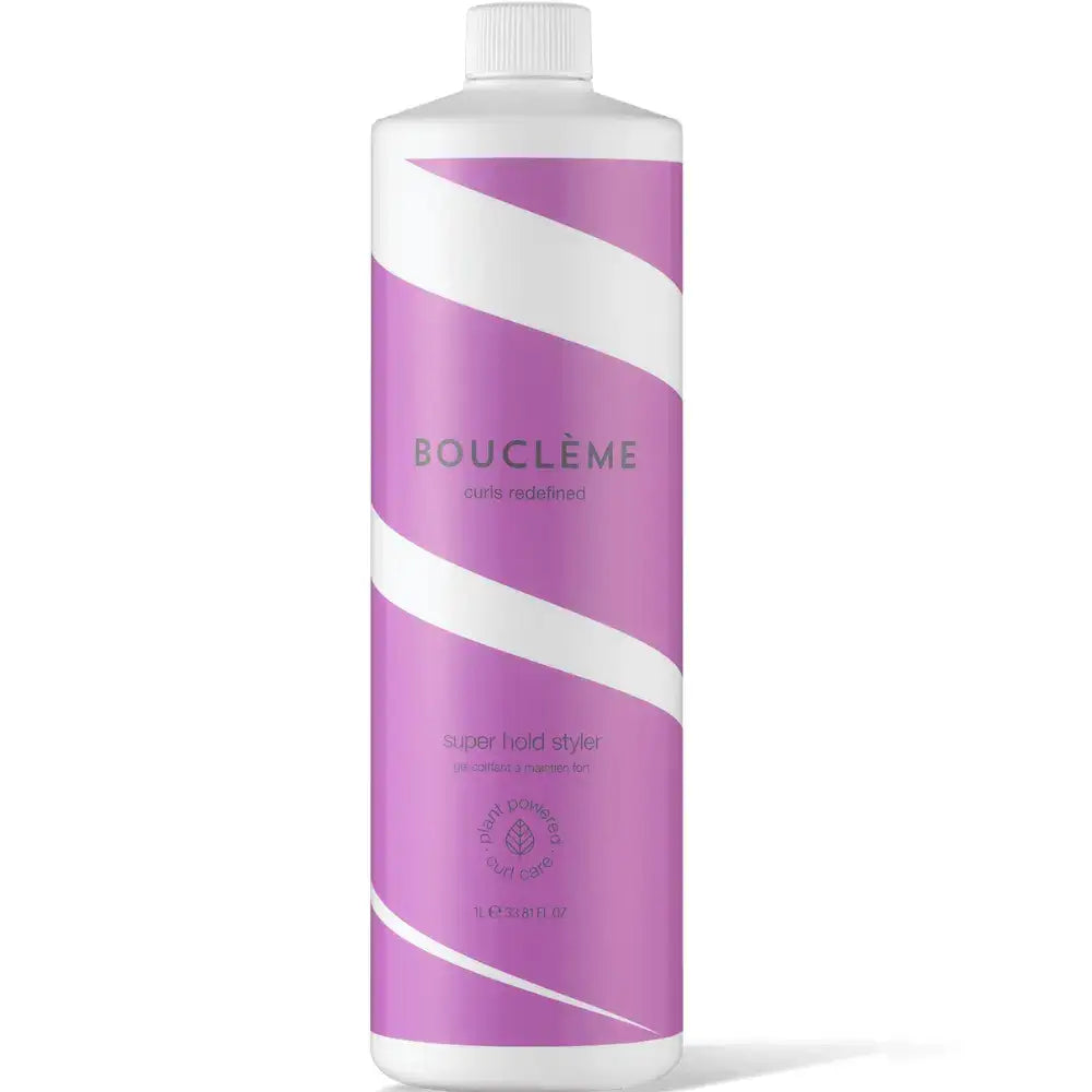Bouclème Super Hold Styler for curly hair, plant-powered curl care in purple bottle