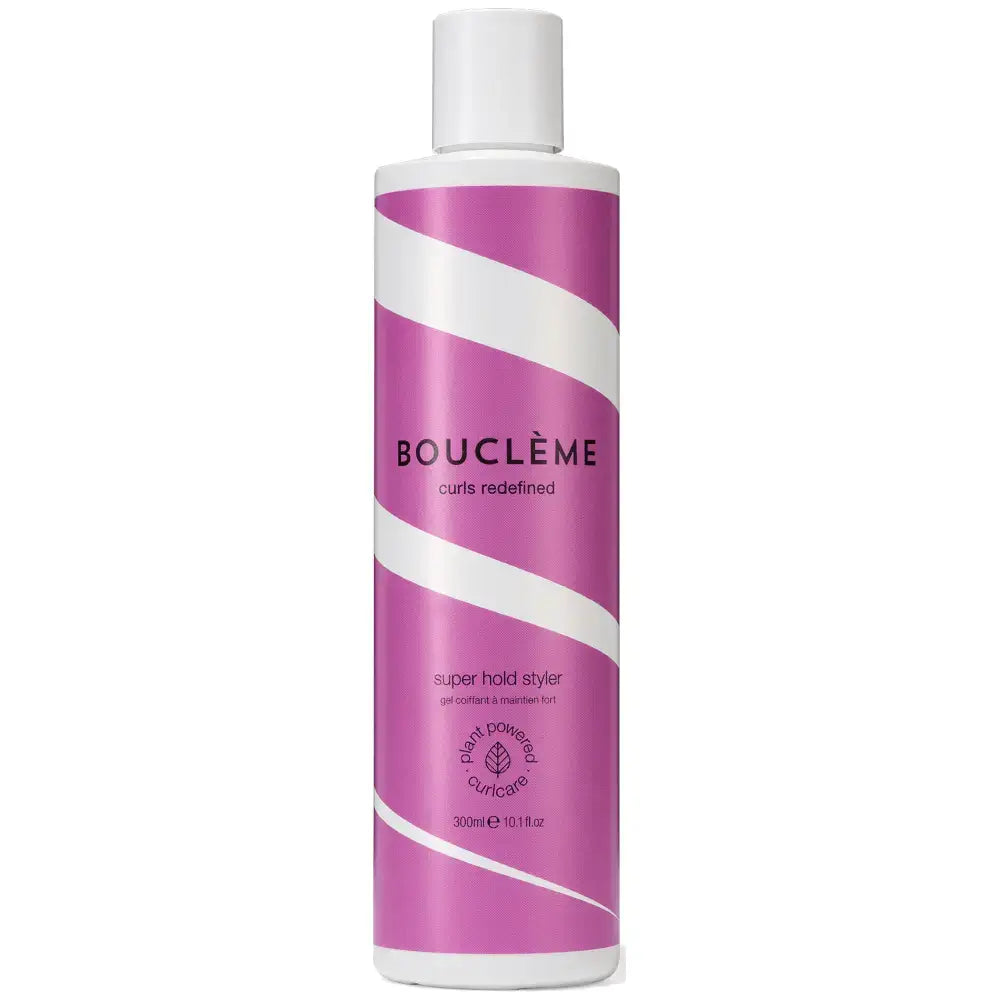 Bouclème Super Hold Styler for defined curls, plant-powered curl care in pink bottle