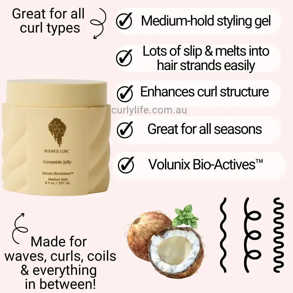 Bounce Curl Ceramide Jelly for waves, curls, coils with medium hold and Volunix Bio-Actives