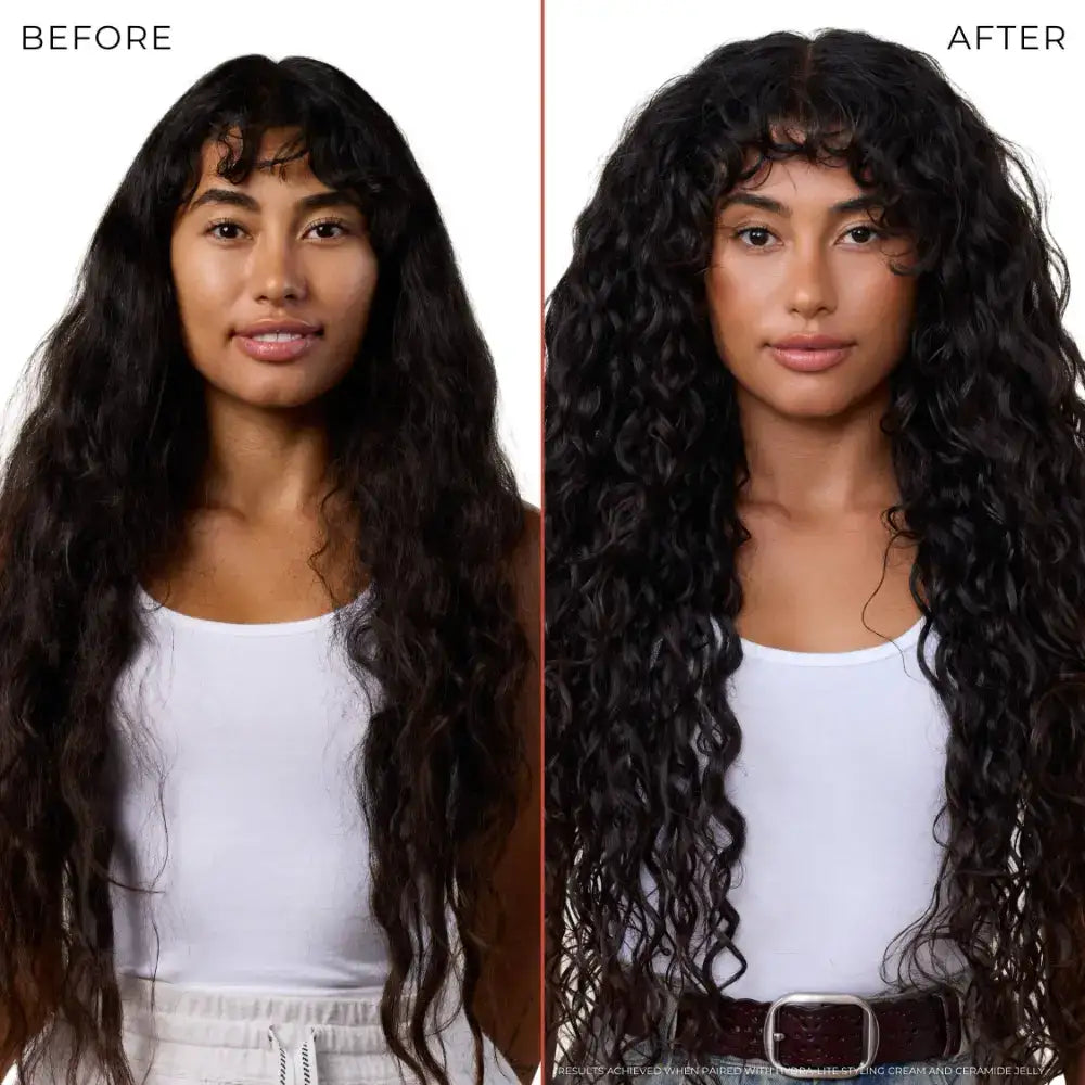 Before and after curly hair transformation with defined, bouncy curls using styling products