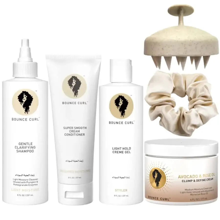 Bounce Curl hair care set with shampoo, conditioner, gel, cream, scrunchie, and scalp massager for curly hair