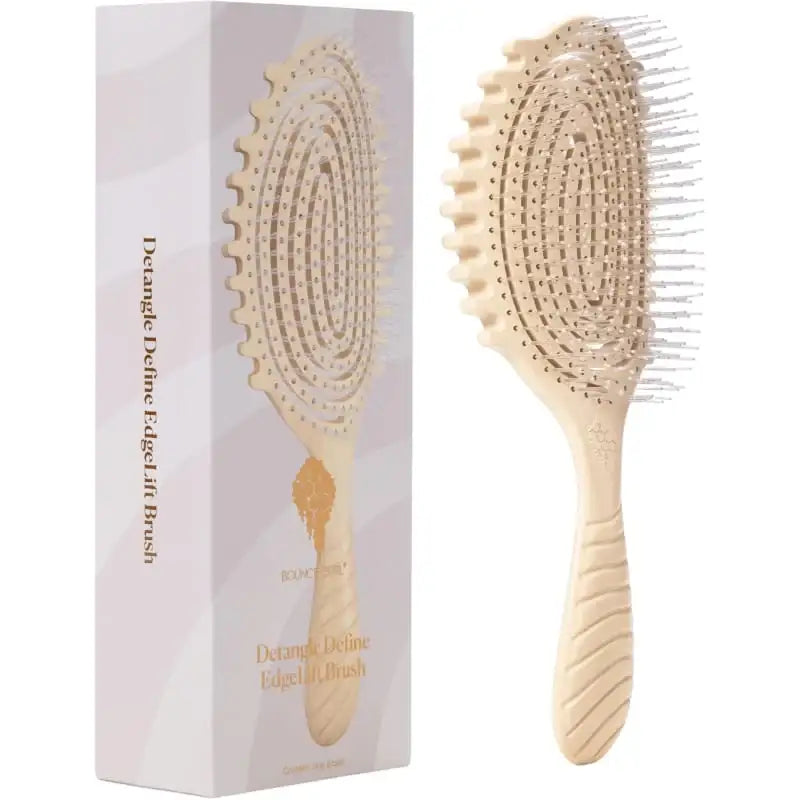 Bounce Curl Detangle Define EdgeLift Brush for curly hair, shown with packaging, ideal for detangling and defining curls.