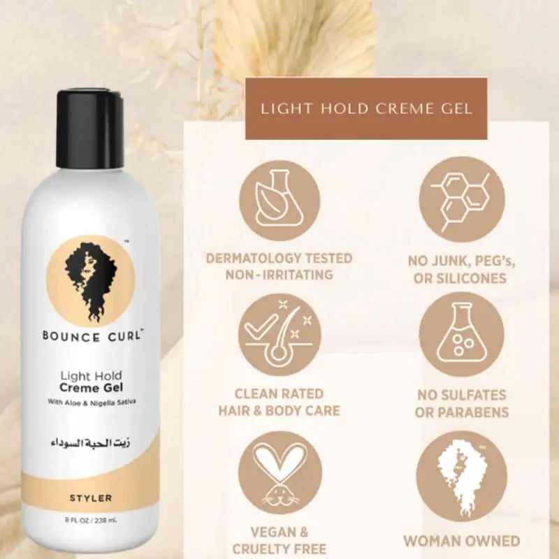 Bounce Curl Light Hold Creme Gel for curly hair, vegan, cruelty-free, sulfate-free styler with aloe and nigella sativa