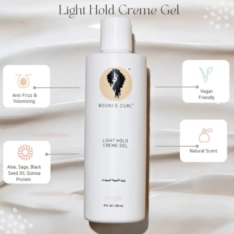 Bounce Curl Light Hold Creme Gel for curly hair, vegan friendly with natural scent and anti-frizz formula