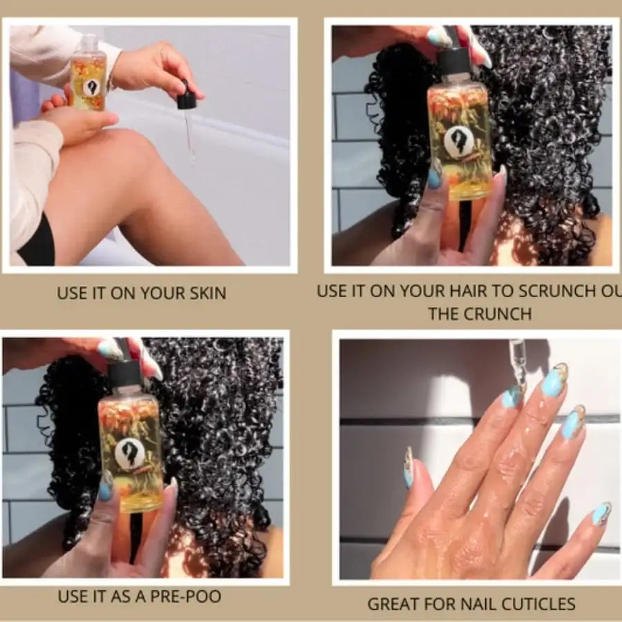 Multi-use curly hair oil for skin, nails, pre-poo, and scrunching curls – hydrates and defines