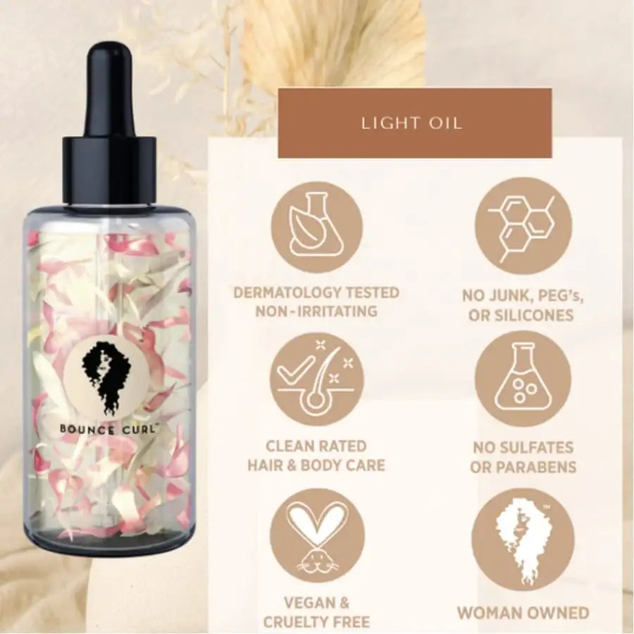 Bounce Curl light oil with rose petals, dermatology tested, vegan, cruelty-free, no sulfates or silicones