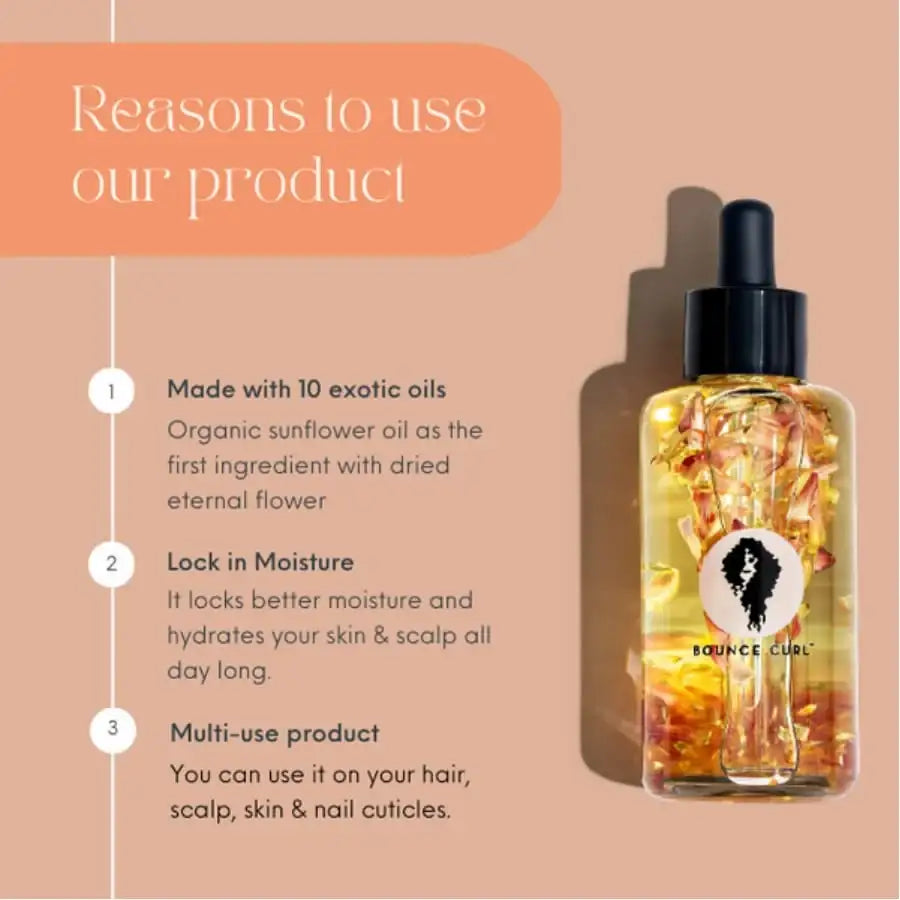 Bounce Curl multi-use oil with exotic oils for curly hair, scalp & skin hydration