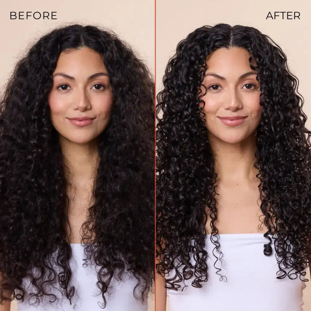 Curly hair transformation: before and after defined, bouncy curls with enhanced shine and volume