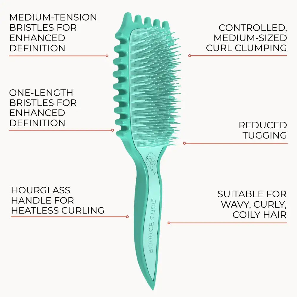 Teal curl brush with medium bristles for wavy, curly, coily hair definition and reduced tugging