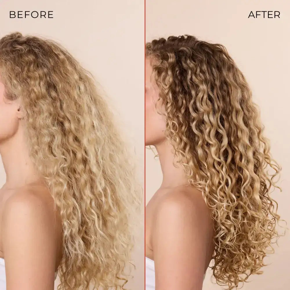Curly hair before and after transformation with defined, bouncy curls