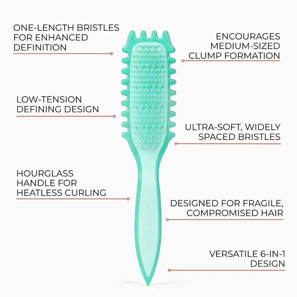 Curly hair brush with ultra-soft bristles, hourglass handle, and 6-in-1 design for heatless curling and definition