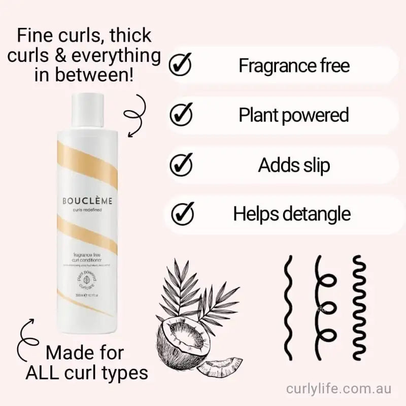 Fragrance-free plant-powered curl conditioner for all curl types, adds slip & detangles