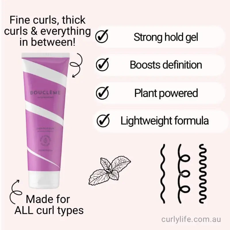 Bouclème curl gel for fine to thick curls, plant-powered, strong hold, lightweight formula, boosts definition