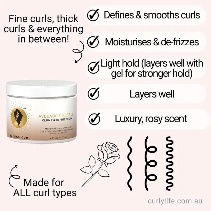 Avocado & Rose Oil Clump & Define Cream for all curl types, defines, moisturizes, and layers well with luxury scent