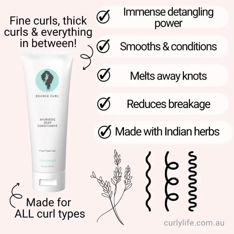 Bounce Curl Ayurvedic Deep Conditioner for all curl types, detangles, smooths, reduces breakage with Indian herbs