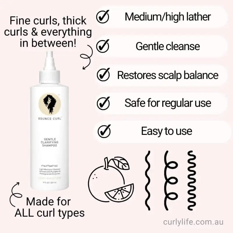 Bounce Curl Gentle Clarifying Shampoo for all curl types, restores scalp balance, safe for regular use