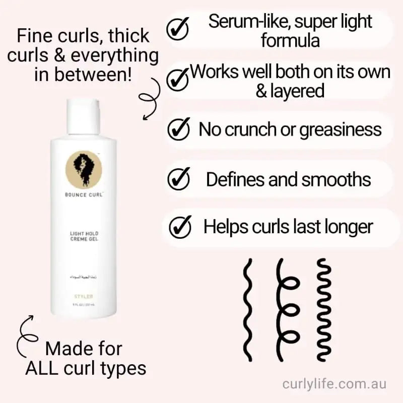Bounce Curl Light Hold Creme Gel for all curl types, defines and smooths without crunch