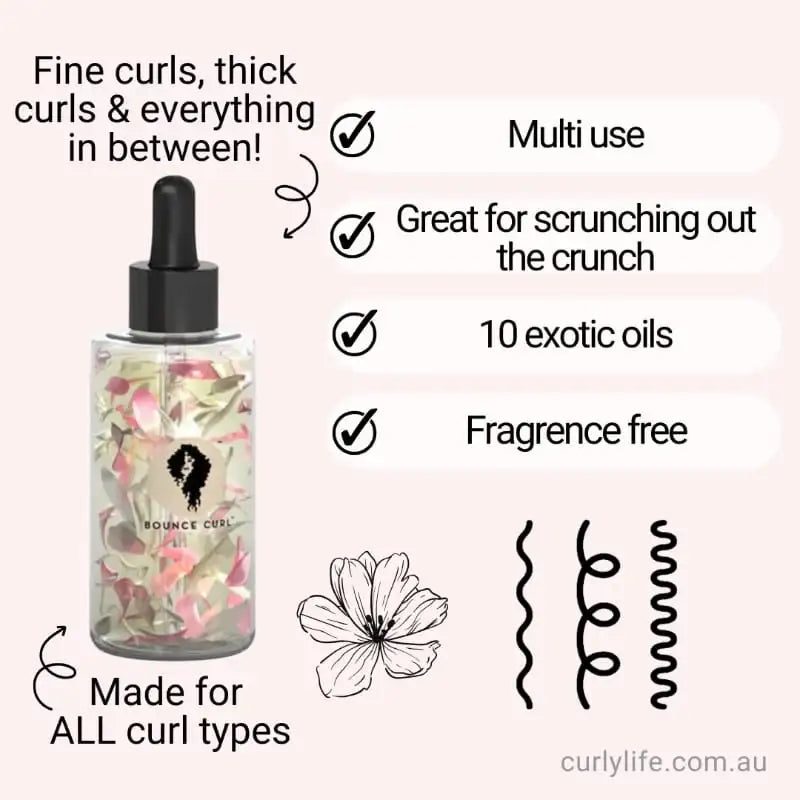 Bounce Curl oil for all curl types, fragrance-free with 10 exotic oils, great for scrunching out the crunch