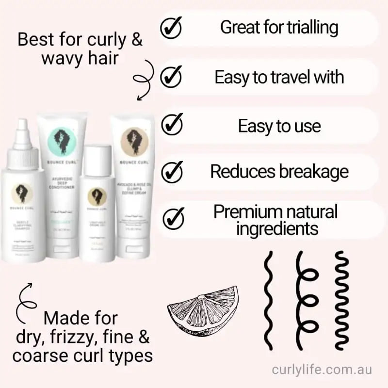 Bounce Curl travel set for curly & wavy hair – gentle shampoo, conditioner, define cream with natural ingredients