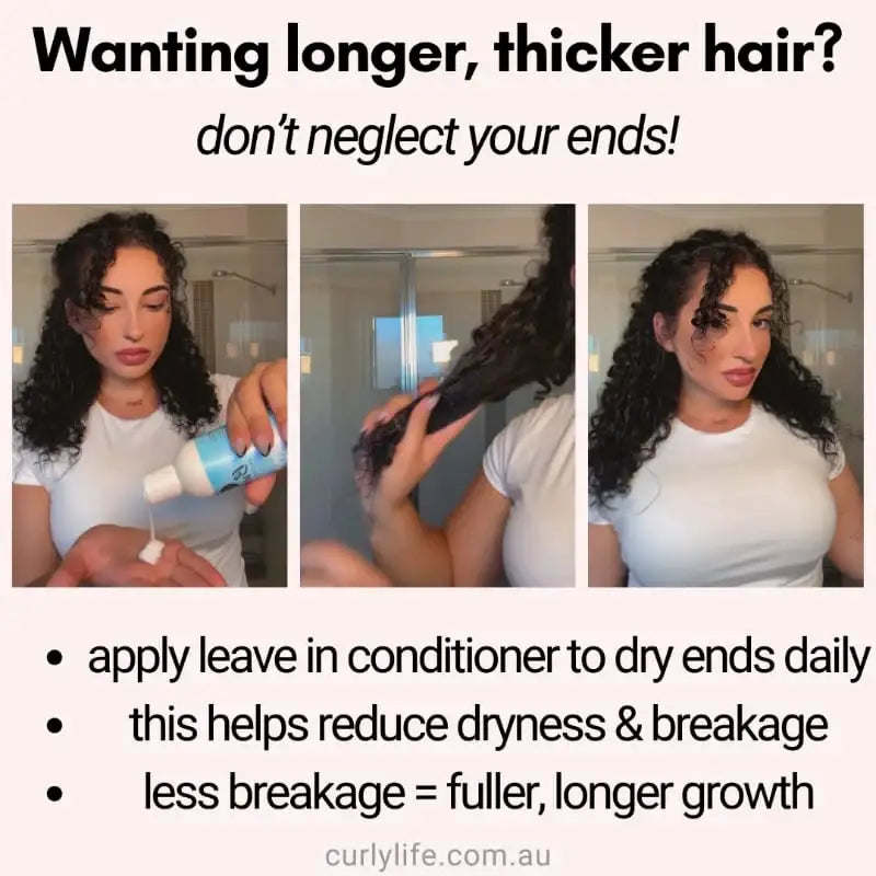 Curly hair care tips: apply leave-in conditioner to ends daily for thicker, longer curls