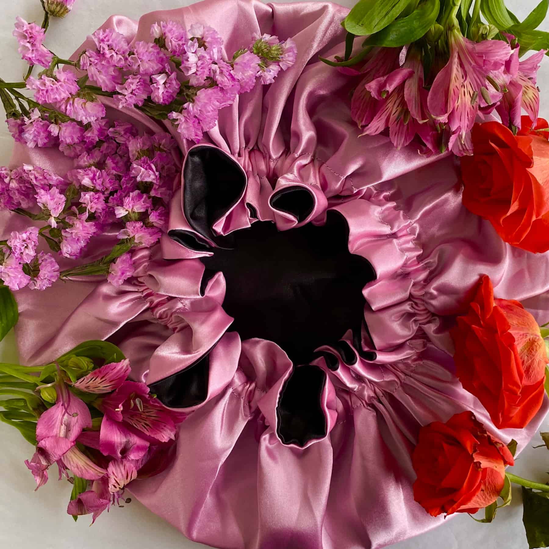 Candy Pink/Noir: Vegan Silk Bonnet (Reversible, Adjustable, & Double Lined)
