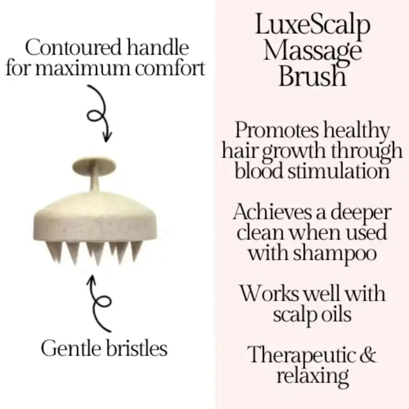 LuxeScalp Massage Brush with contoured handle and gentle bristles for healthy curls & scalp care