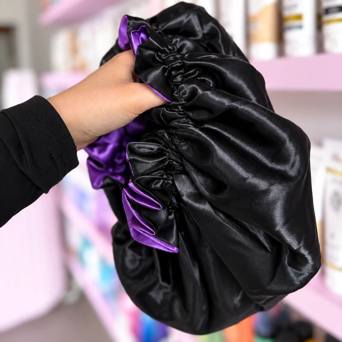 Violet/Noir: Vegan Silk Bonnet (Reversible, Adjustable, & Double Lined)