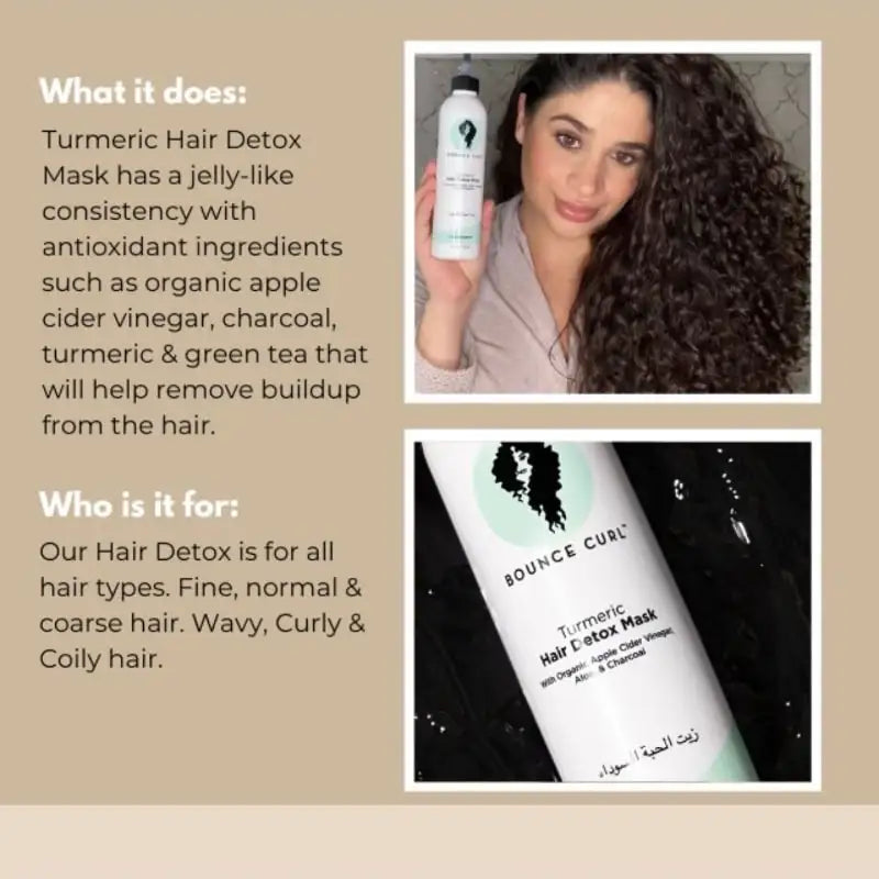 Woman with curly hair holding Bounce Curl Turmeric Hair Detox Mask for wavy, curly & coily hair care