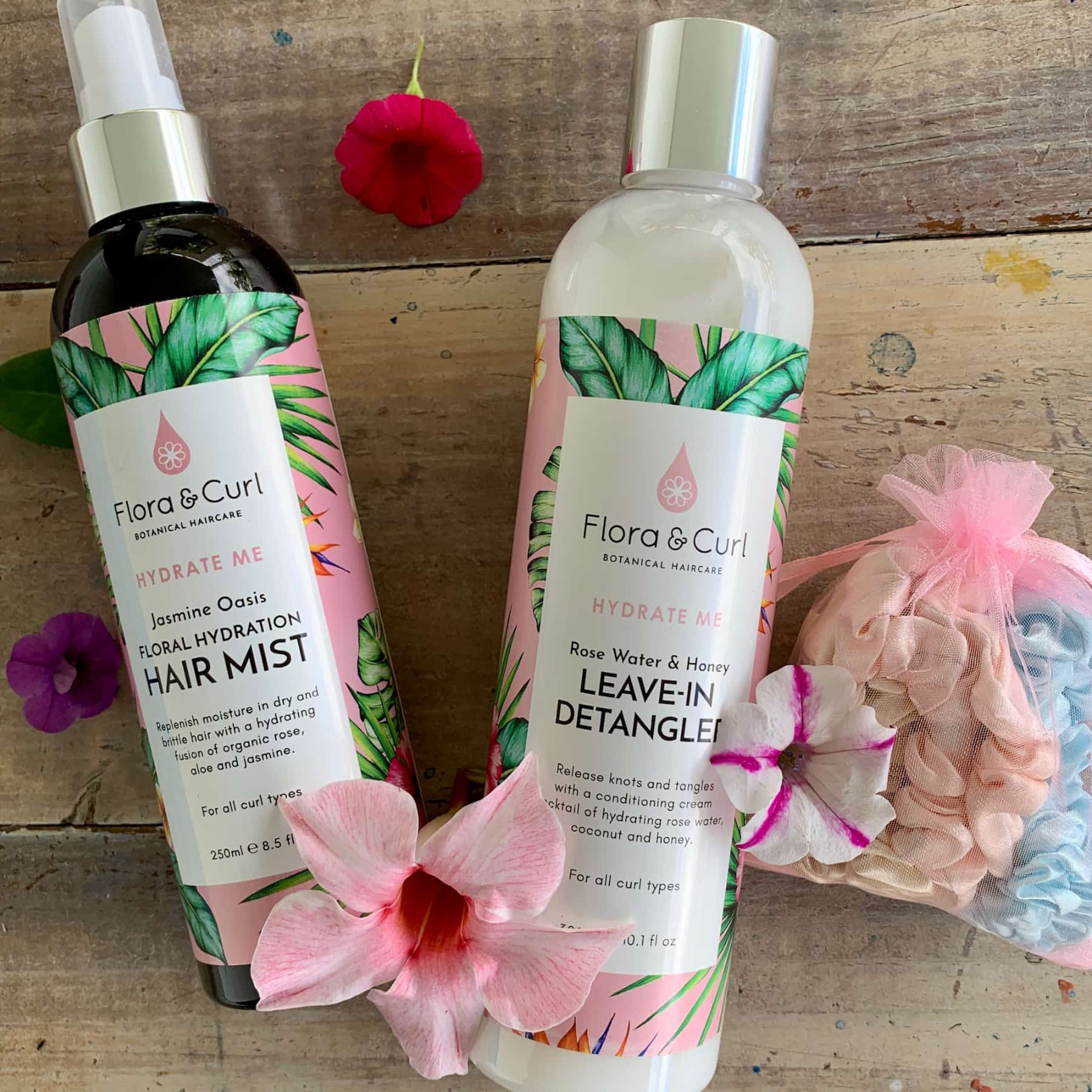 CurlyLife-Flora&Curl-RoseWaterHoneyLeaveIn-JasmineHairMist-SatinBonnet