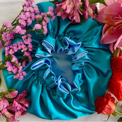 Teal/Sky: Vegan Silk Bonnet (Reversible, Adjustable, & Double Lined)