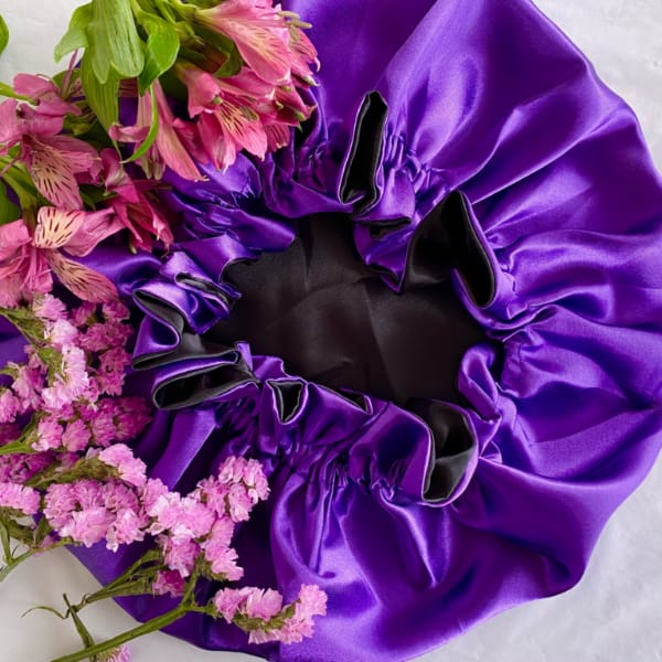 Violet/Noir: Vegan Silk Bonnet (Reversible, Adjustable, & Double Lined)