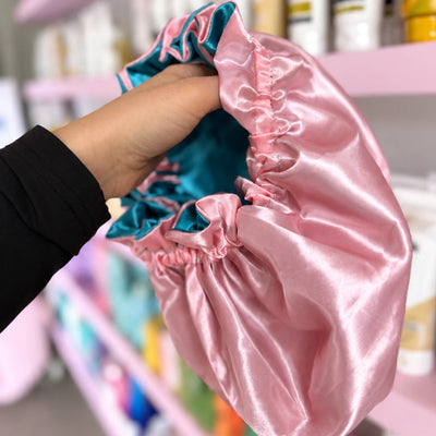 Bubblegum/Teal: Vegan Silk Bonnet (Reversible, Adjustable, & Double Lined)
