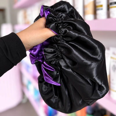 Violet/Noir: Vegan Silk Bonnet (Reversible, Adjustable, & Double Lined)
