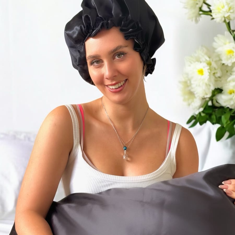 Noir/Noir: Vegan Silk Bonnet (Reversible, Adjustable, & Double Lined)
