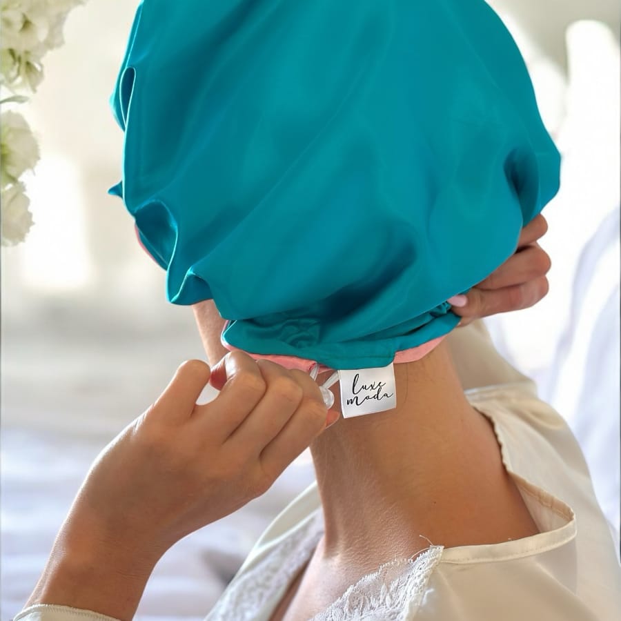 Bubblegum/Teal: Vegan Silk Bonnet (Reversible, Adjustable, & Double Lined)