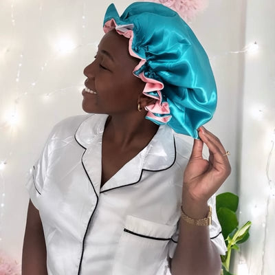 Bubblegum/Teal: Vegan Silk Bonnet (Reversible, Adjustable, & Double Lined)