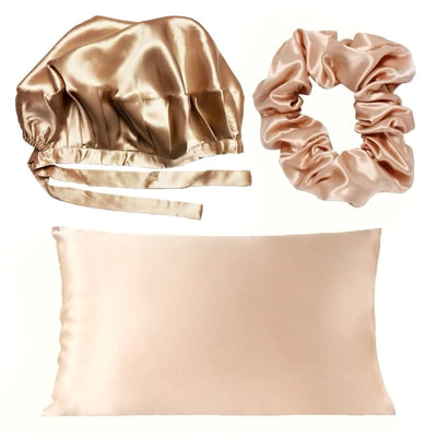 Champagne Silk Adjustable Bonnet, Pillowcase & Scrunchie Bundle