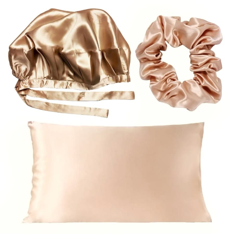 Champagne Silk Adjustable Bonnet, Pillowcase & Scrunchie Bundle