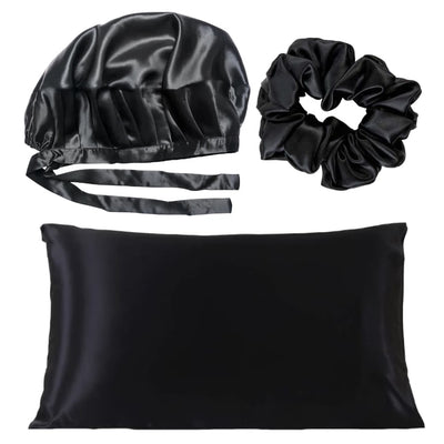Noir Silk Adjustable Bonnet, Pillowcase & Scrunchie Bundle